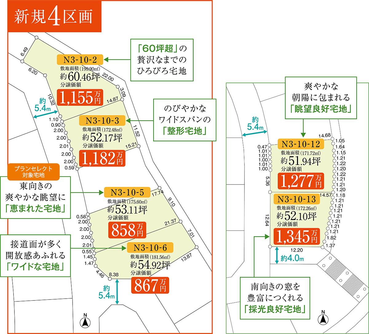 「60坪超」の贅沢なまでのひろびろ宅地N3-10-2敷地面積（199.90㎡）約60.46坪 分譲価額1.155万円 のびやかなワイドスパンの「整形宅地」N3-10-3敷地面積（172.48㎡）約52.17坪分譲価額1,182万円 [プランセレクト対象宅地]東向きの爽やかな眺望に「恵まれた宅地」N3-10-5敷地面積（175.60㎡）約53.11坪分譲価額858万円 接道面が多く開放感あふれる「ワイドな宅地」N3-10-6敷地面積（181.56㎡）約54.92坪分譲価額867万円 爽やかな朝陽に包まれる「眺望良好宅地」N3-10-12敷地面積（171.72㎡）約51.94坪分譲価額1,277万円 南向きの窓を豊富につくれる「採光良好宅地」N3-10-13敷地面積（172.26㎡）約52.10坪分譲価額1,345万円