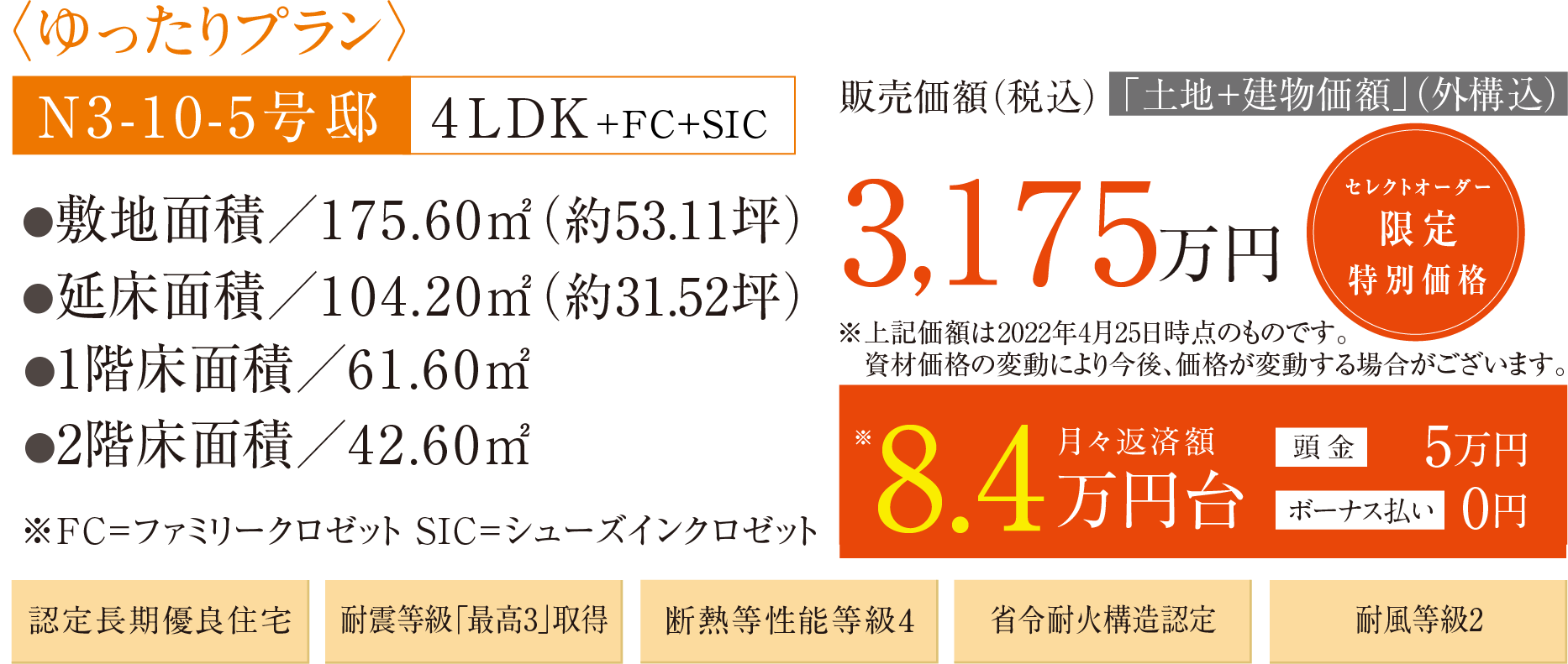 ゆったりプラン N3-10-5号邸 4LDK+FC+SIC 敷地面積／175.60㎡（約53.11坪） 延床面積／104.20㎡（約31.52坪） 1階床面積／61.60㎡ 2階床面積／42.60㎡ ※FC=ファミリークロゼット SIC=シューズインクロゼット 認定長期優良住宅 耐震等級「最高3」取得 断熱等性能等級4 省令耐火構造認定 耐風等級2