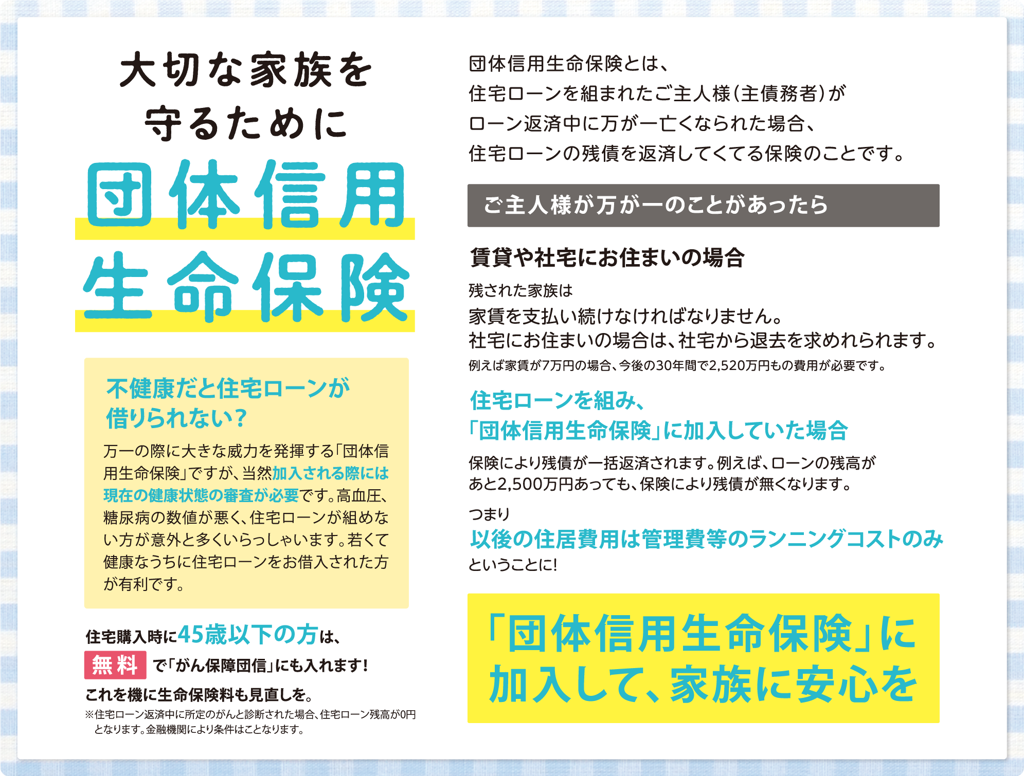 POINT.4 大切な家族を守るために団体信用生命保険 不健康だと住宅ローンが借りられない？ 万一の際に大きな威力を発揮する「団体信用生命保険」ですが、当然加入される際には現在の健康状態の審査が必要です。高血圧、糖尿病の数値が悪く、住宅ローンが組めない方が意外と多くいらっしゃいます。若くて健康なうちに住宅ローンをお借入された方が有利です。住宅購入時に45歳以下の方は、無料で「がん保障団信」にも入れます！これを機に生命保険料も見直しを。※住宅ローン返済中に所定のがんと診断された場合、住宅ローン残高が0円 となります。金融機関により条件はことなります。団体信用生命保険とは、住宅ローンを組まれたご主人様（主債務者）がローン返済中に万が一亡くなられた場合、住宅ローンの残債を返済してくてる保険のことです。ご主人様が万が一のことがあったら 賃貸や社宅にお住まいの場合賃貸や社宅にお住まいの場合 残された家族は家賃を支払い続けなければなりません。社宅にお住まいの場合は、社宅から退去を求めれられます。例えば家賃が7万円の場合、今後の30年間で2,520万円もの費用が必要です。住宅ローンを組み、「団体信用生命保険」に加入していた場合 保険により残債が一括返済されます。例えば、ローンの残高があと2,500万円あっても、保険により残債が無くなります。つまり以後の住居費用は管理費等のランニングコストのみということに！「団体信用生命保険」に加入して、家族に安心を